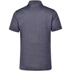 A charcoal grey men's short sleeve polo shirt with a classic collar and a logo on the back.