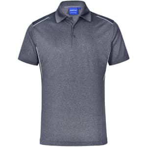 Men's short sleeve polo in a dark grey with white accents and a branding logo on the collar.