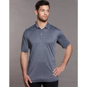 A grey men's short sleeve polo shirt with a subtle texture and a logo on the chest.