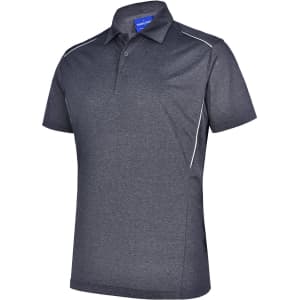 A dark grey short sleeve polo shirt with a subtle contrast piping and a logo on the chest.