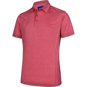 A red short sleeve polo shirt featuring a subtle texture and contrasting trim, with a collar and three buttons.
