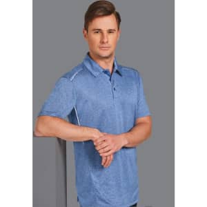 A blue short sleeve polo shirt with a subtle texture and a logo. The model stands casually with arms crossed.
