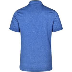 A blue short sleeve polo shirt with a textured finish and a logo on the back.