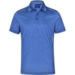 A blue short sleeve polo shirt featuring a logo, with a textured design and contrast stitching.