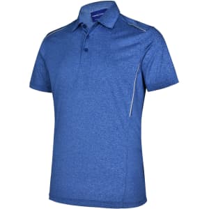 A short sleeve polo shirt in a vibrant blue colour with a subtle texture and decorative piping, featuring a branding logo.