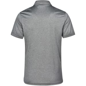A grey short sleeve polo shirt featuring a smooth fabric texture and a collar, with a logo on the back.