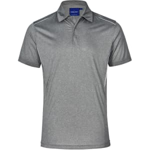 A grey short sleeve polo shirt featuring a subtle design and a logo on the collar.