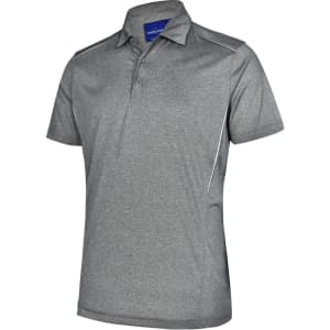 A grey short sleeve polo shirt with subtle white detailing and a logo on the collar.