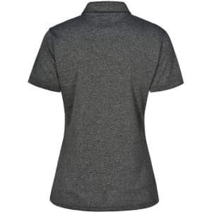 A grey short sleeve polo shirt with a collar and a subtle texture, featuring a logo on the collar.