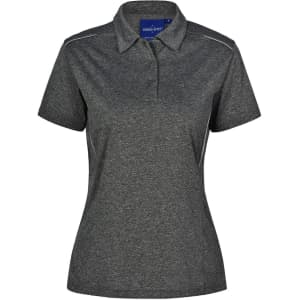 A dark grey short sleeve polo shirt with a collar and a small logo on the front.