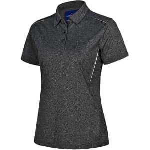 A women's short sleeve polo shirt in charcoal grey with white accents and a logo.