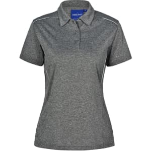 A grey short sleeve polo shirt featuring a collar and contrasting piping, with a logo on the chest.