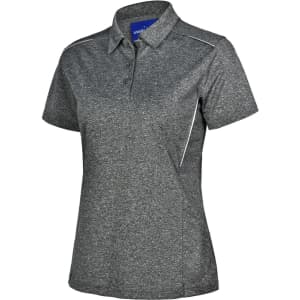 A stylish ladies' polo shirt in dark grey with short sleeves and a logo on the collar.