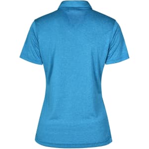 A cationic short sleeve polo shirt in a bright blue colour, featuring a back view with a smooth texture and logo.