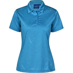A short sleeve polo shirt in a vibrant teal colour, featuring a classic collar and a logo on the chest.