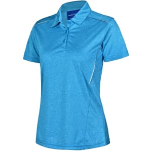 A ladies' short sleeve polo in blue with a logo, featuring a stylish cationic fabric and a modern cut.