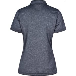 A dark grey short sleeve polo shirt with a smooth texture and a logo on the back.