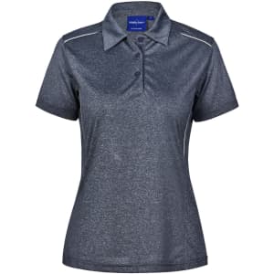 A short sleeve polo shirt in dark grey with a subtle texture and a logo on the collar.