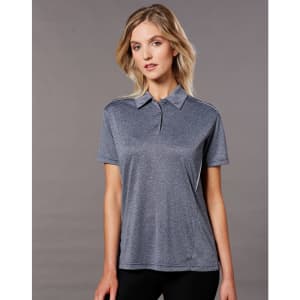 A grey short sleeve polo shirt with a collared neckline and a logo on the chest, designed for women.