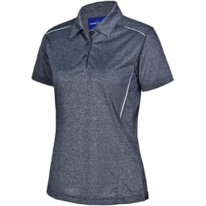 A navy blue cationic short sleeve polo shirt with a subtle textured pattern and a logo.