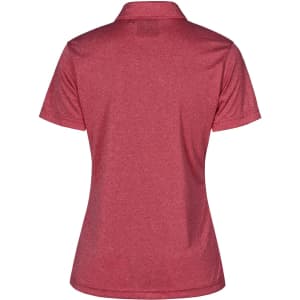 A red short sleeve polo shirt with a collar and a logo on the back.