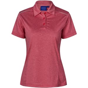 A red short sleeve polo shirt with a collar and three buttons, featuring a branding logo.