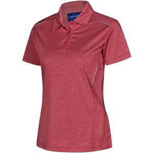 A red short sleeve polo shirt featuring a classic collar and a logo, designed for women's wear.