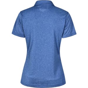 A blue ladies' short sleeve polo shirt with a classic collar and back view. It features a logo on the side.