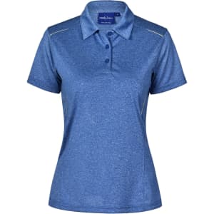 A blue ladies' short sleeve polo shirt with a collar and a logo. Features subtle detailing and a sporty design.