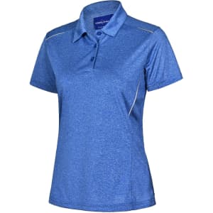 A blue ladies' short sleeve polo shirt with a collar and a logo, featuring a textured fabric.