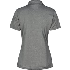 A grey short sleeve polo shirt with a modern fit, featuring a collar and a branding logo.