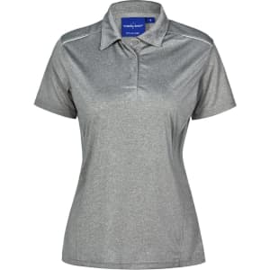 A ladies' short sleeve polo shirt in grey with a collar and logo. Features a sleek, athletic design.