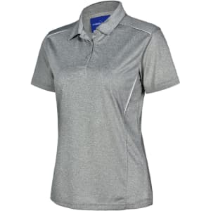 A grey ladies' short sleeve polo shirt featuring a subtle sheen and a logo on the collar.
