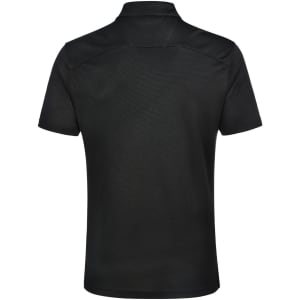 A black men's polo shirt with a collar, featuring a detailed back design and a logo.