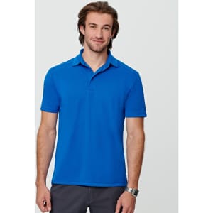 A blue men's polo shirt made from bamboo charcoal fabric, featuring a collar and a logo.