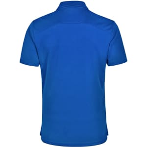 A blue men's bamboo charcoal corporate short-sleeve polo shirt featuring a logo.