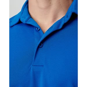 Men's polo shirt in bright blue with a textured pattern and a collar featuring two buttons. Includes a logo.