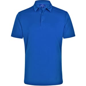 A blue men's bamboo charcoal polo shirt featuring a collar and a logo.