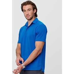 A blue men's short-sleeve polo shirt made from bamboo charcoal fabric, featuring a collar and a logo.