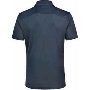 A navy polo shirt with a textured finish, featuring a collar and short sleeves, with a logo on the chest.
