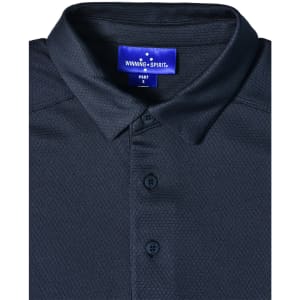 A dark navy polo shirt featuring a textured fabric and a collar, with a logo tag inside the neckline.