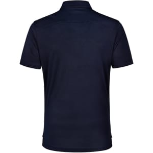 A navy blue men's polo shirt featuring a collared design and a logo on the front.