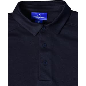 A navy blue polo shirt made of bamboo charcoal with a buttoned collar and a brand logo on the label.
