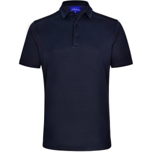 A navy blue bamboo charcoal polo shirt featuring a collar and a logo. Short sleeves complete the design.