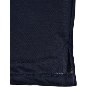 A navy blue men's bamboo charcoal polo shirt, featuring a hem with side slits and a logo.
