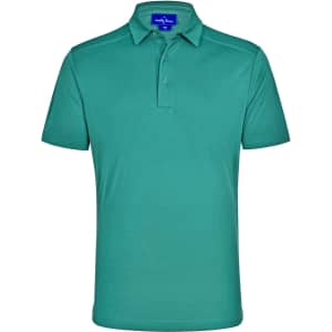 A turquoise polo shirt featuring a collar and short sleeves, with a logo on the label.