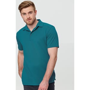 A teal men's bamboo charcoal polo shirt with a collar and short sleeves, featuring a logo.