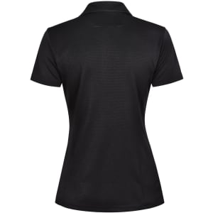 A black women's polo shirt featuring a collar and a logo on the back.