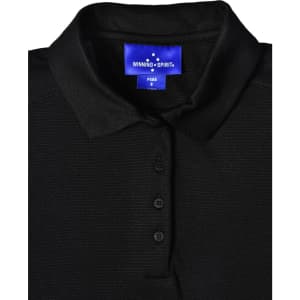 A black ladies' bamboo charcoal polo shirt featuring a collar and button placket, with a brand label inside.