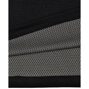A close-up of a black polo shirt featuring a breathable grey mesh fabric beneath. The shirt includes a logo.